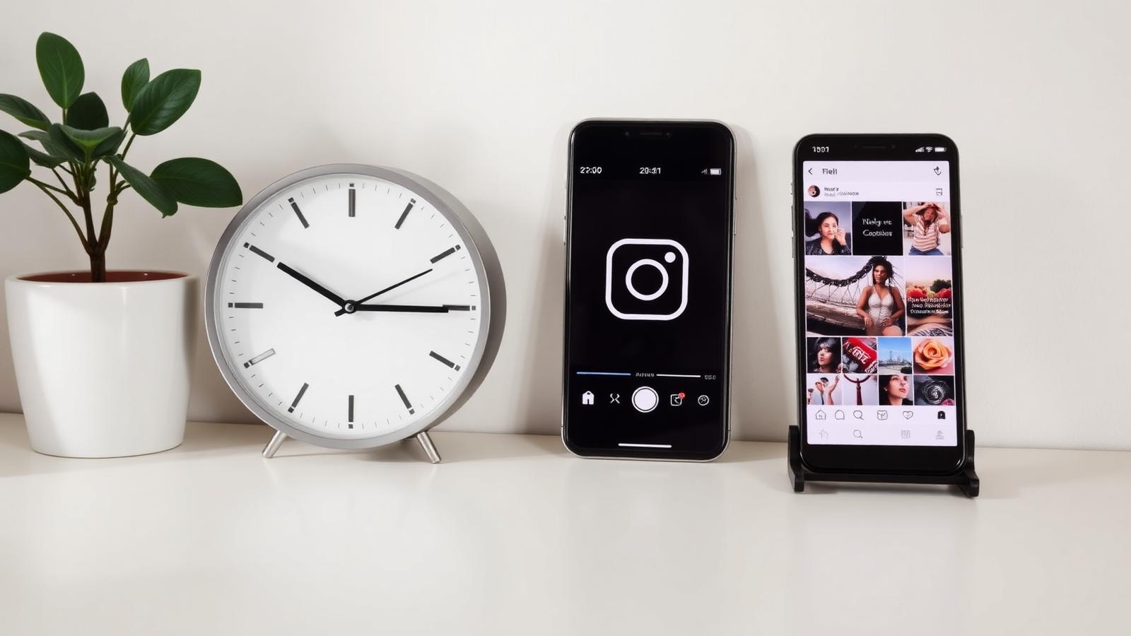 Clock beside iPhone showing Instagram feed — best time to post on Instagram 2026