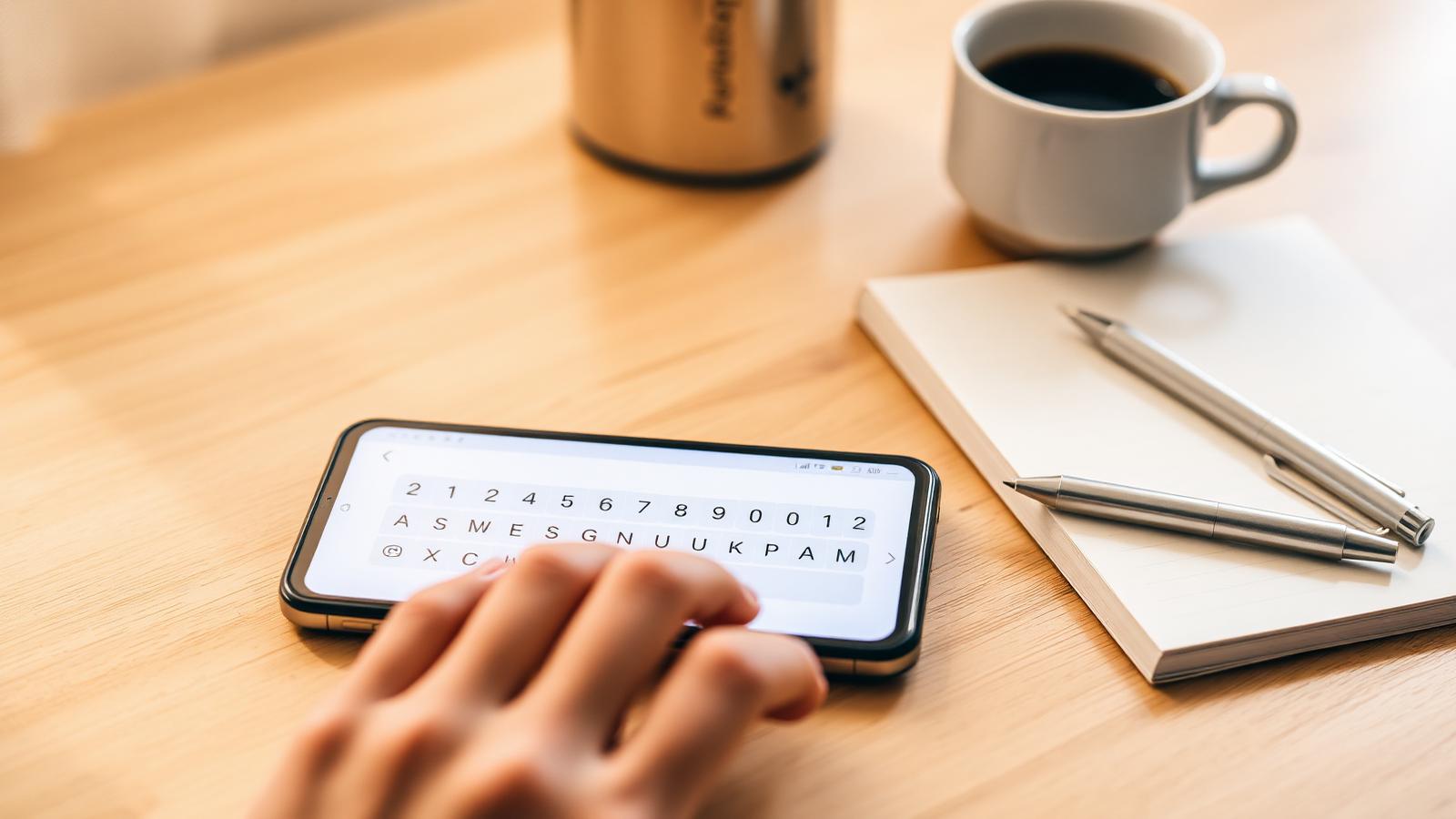 Hand typing an Instagram caption on iPhone with coffee — Instagram caption ideas